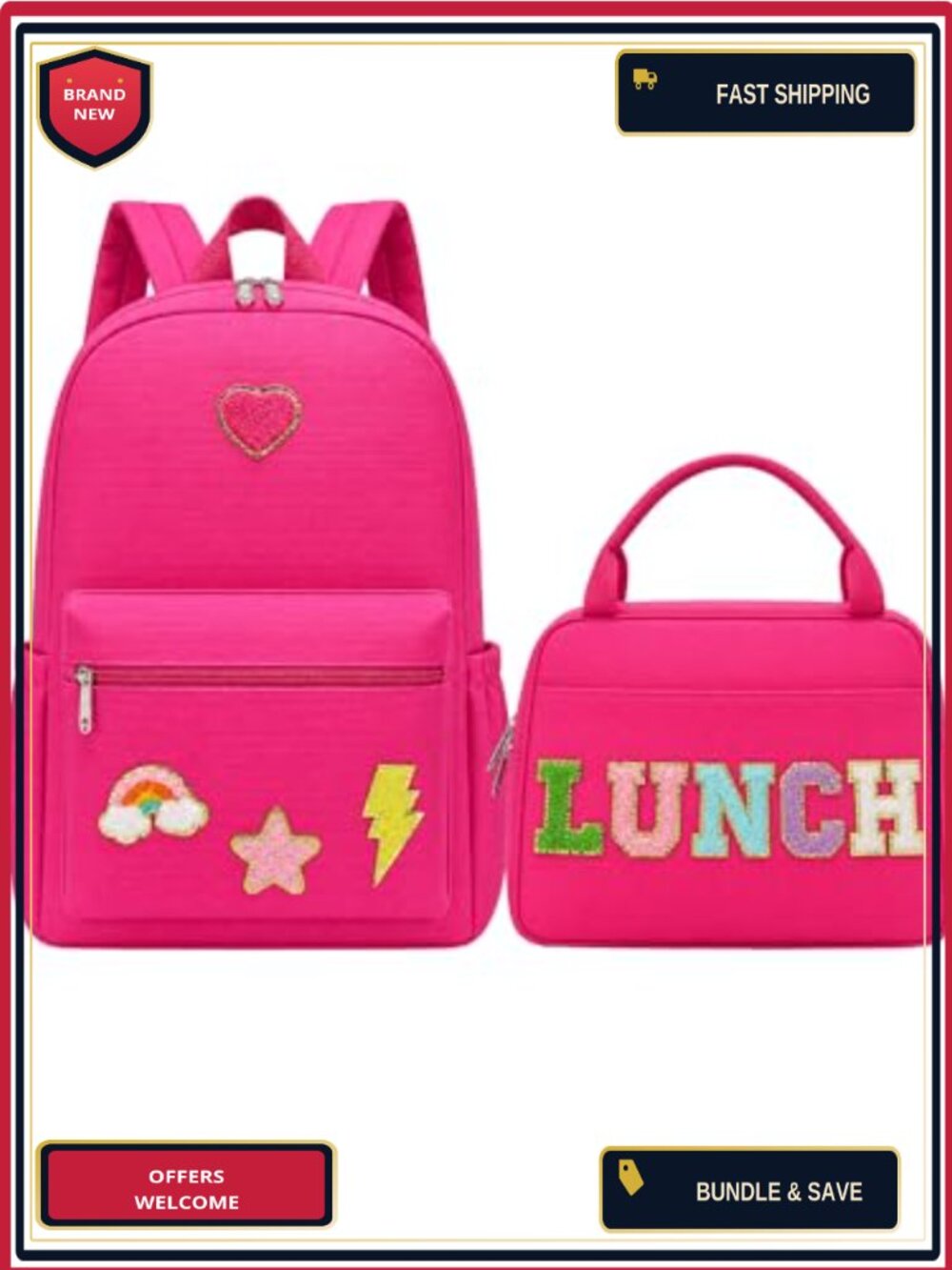 Girls Backpack & Lunch Bag Set with Chenille Patch, Oxford Material, Preppy